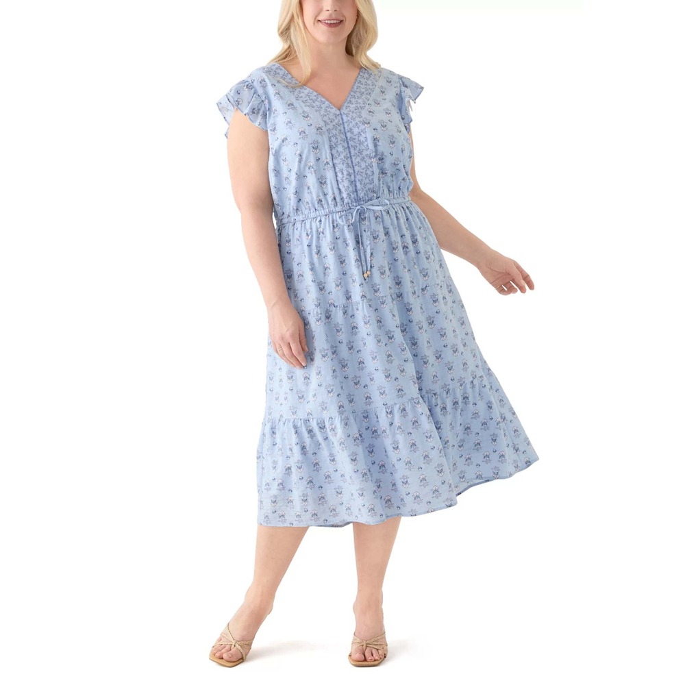 Lucky Brand Tiered Midi Dress Womens 3X Blue Floral Boho Cottagecore Romantic